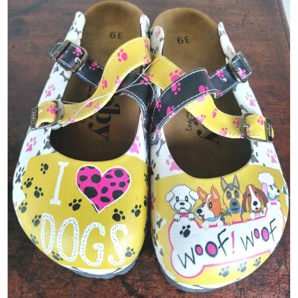 NWT Goby Women's Clogs Shoes Size 39 US 8-8.5 "I Love Dogs" Animal Print Mules
